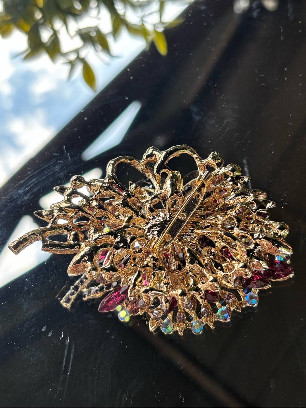 Gold-tone Pink Crystal Floral Brooch - Picture 7 of 7